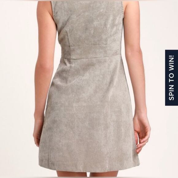 Lulus Benton Light Grey Corduroy Button-Up Sleeveless Mini Dress Deep V Sz Large - Picture 3 of 12